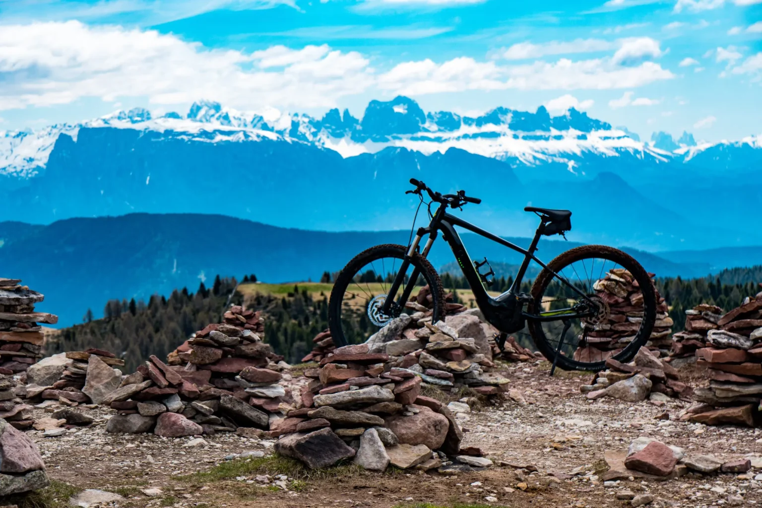 Electric mountain bike parked on a mountain trail