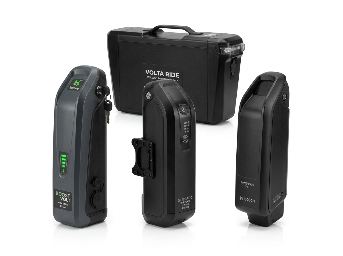Four different electric bike batteries from Boost Volt, Shimano Steps, Bosch, and Volta Ride